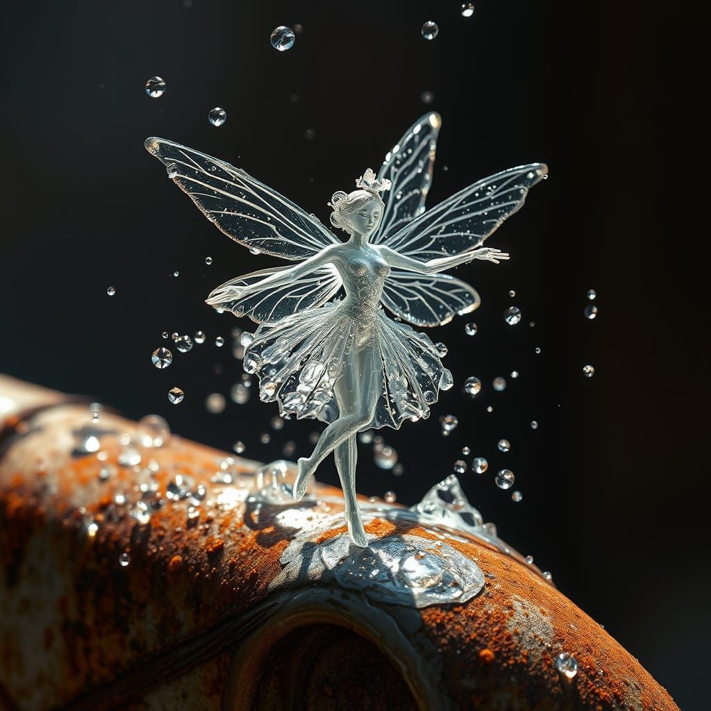 A fairy made of water dances on a rusty tap  by @ais