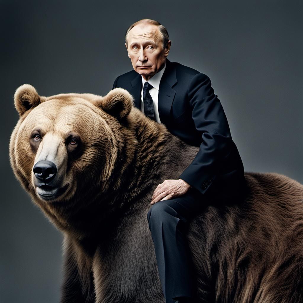 close-up of putin riding a bear, portrait, color photography, in the ...