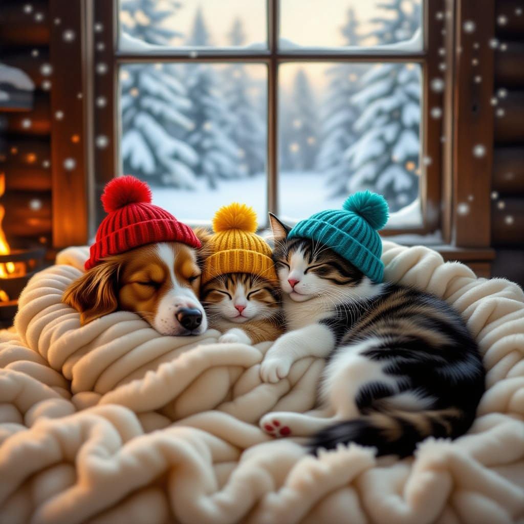 A dog, cat, mouse are all curled up together on fur blanket ...