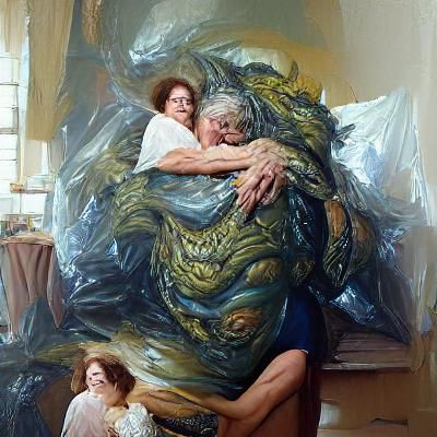 A massive monster clutching an old beautiful woman