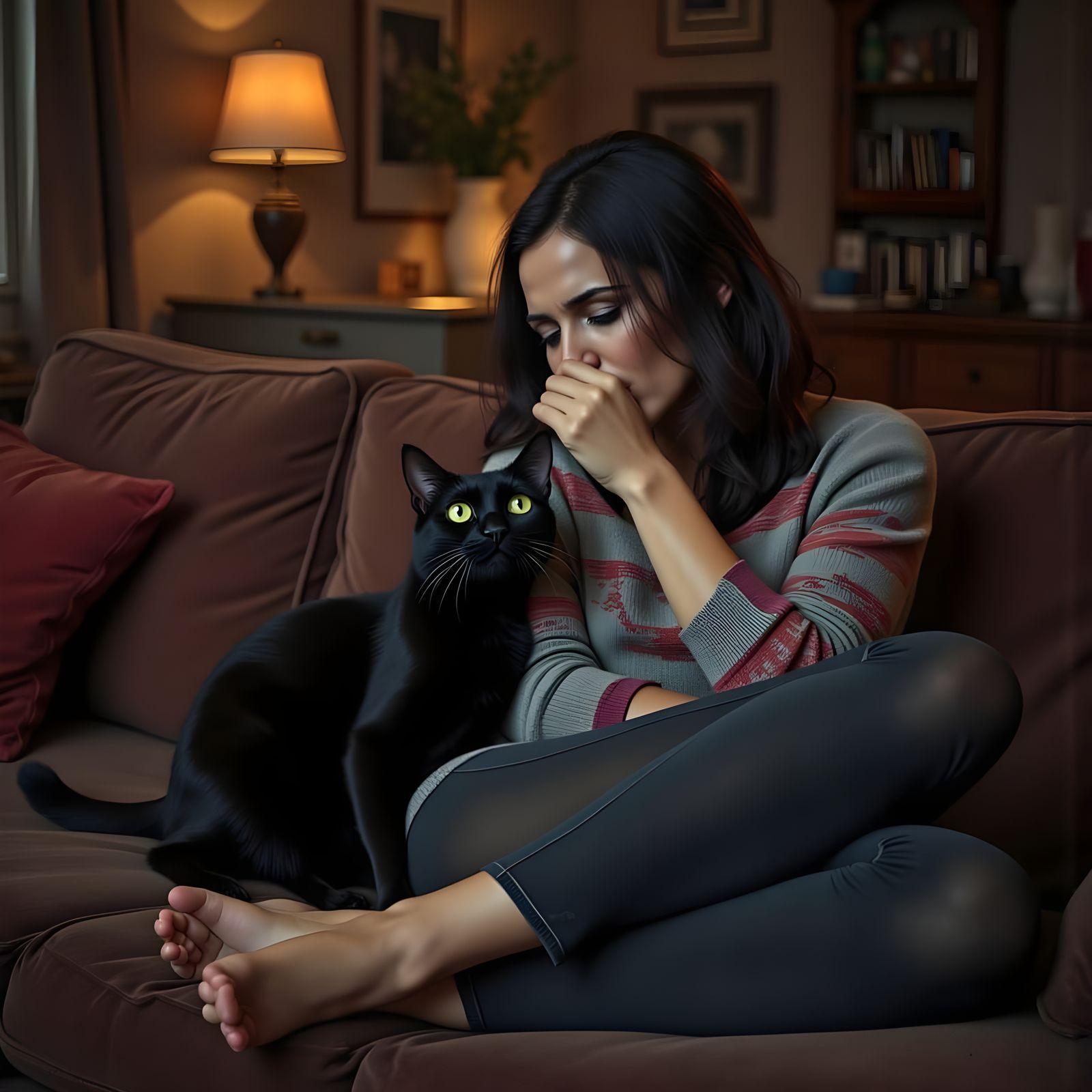 She whispers a secret in the cat's ear as the cat listens attentively. She then looks at you with a guilty smile