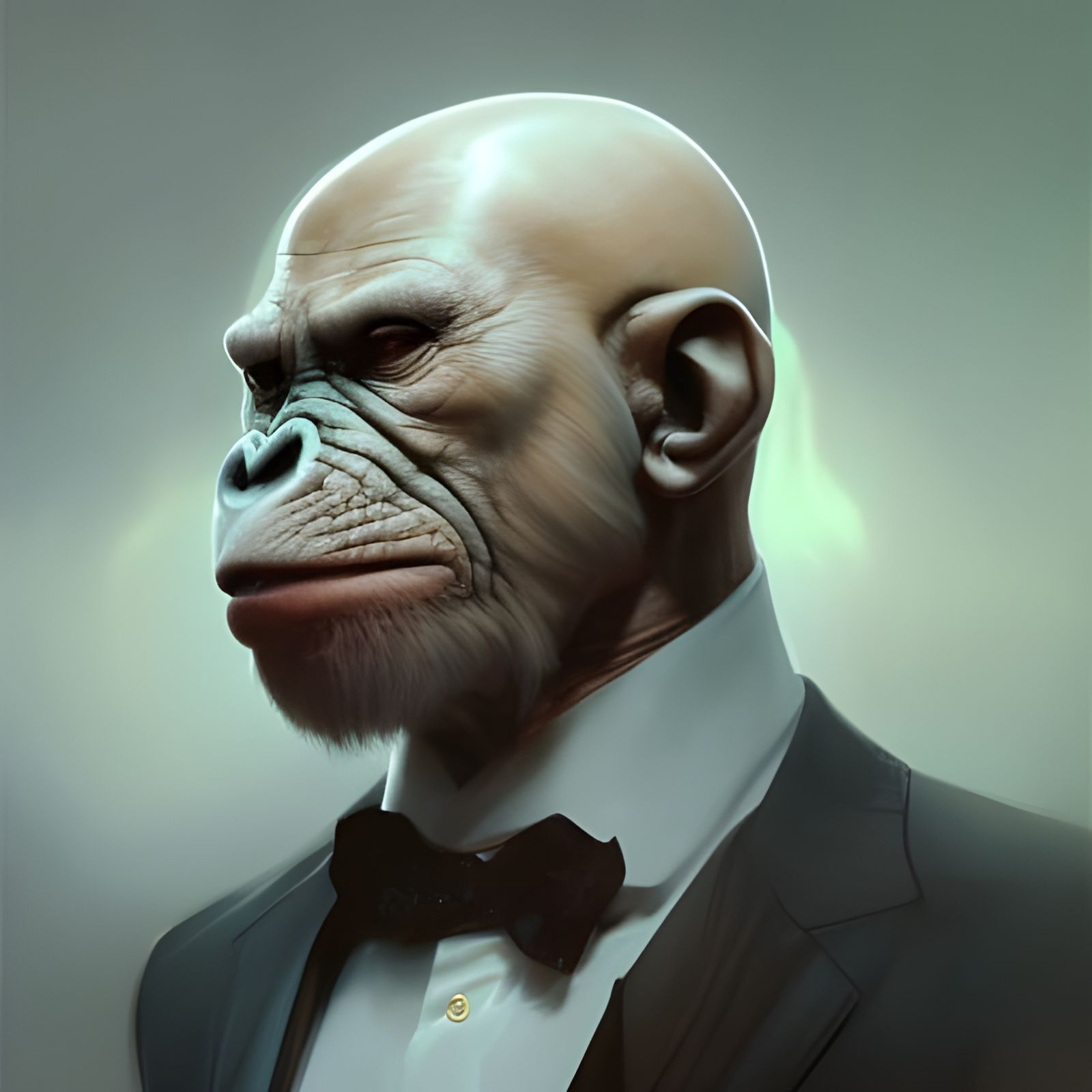 Ape in suit ,5D lighting,surreal fantasy art,detailed face