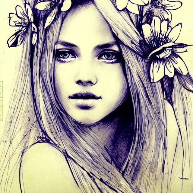 Beautiful blonde haired woman blue eyes holding flowers ink ...