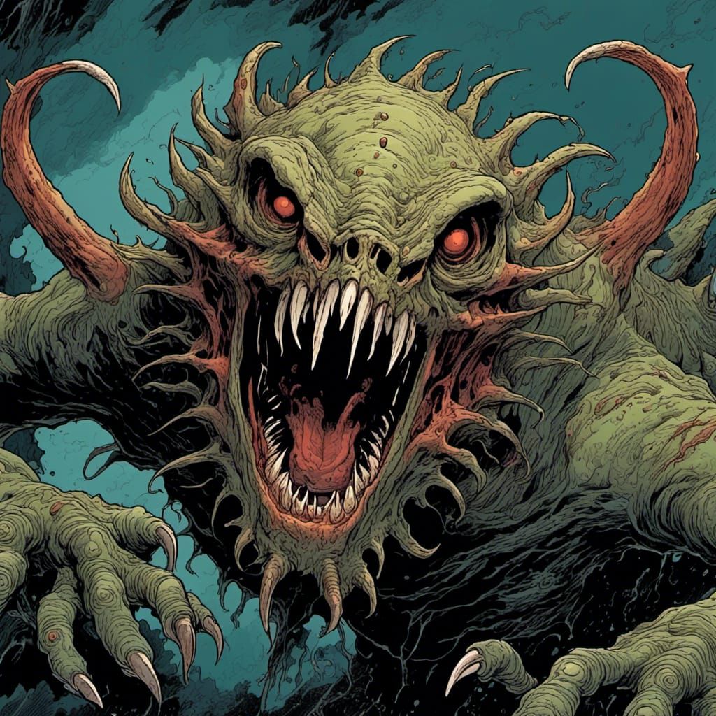 A horrific putrid monster creature with dark eyes and long sharp fangs <lora:MObius:1.0>