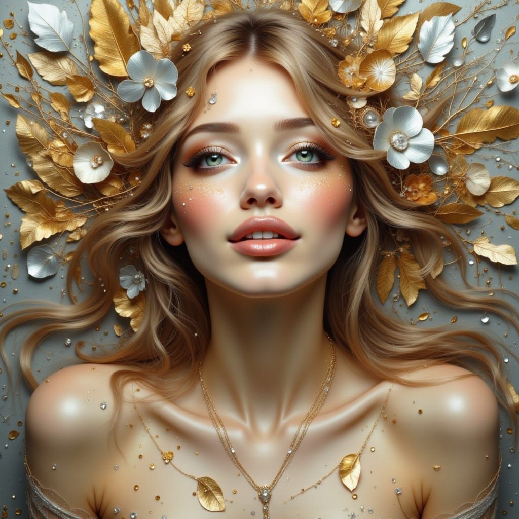 <lora:Utopian Whimsy:1.0> <lora:Digital shimmer:1.0> <lora:Neurographic Flux:1.0> <lora:Earth and filigree:1.0> Her eyes blink and she smile...