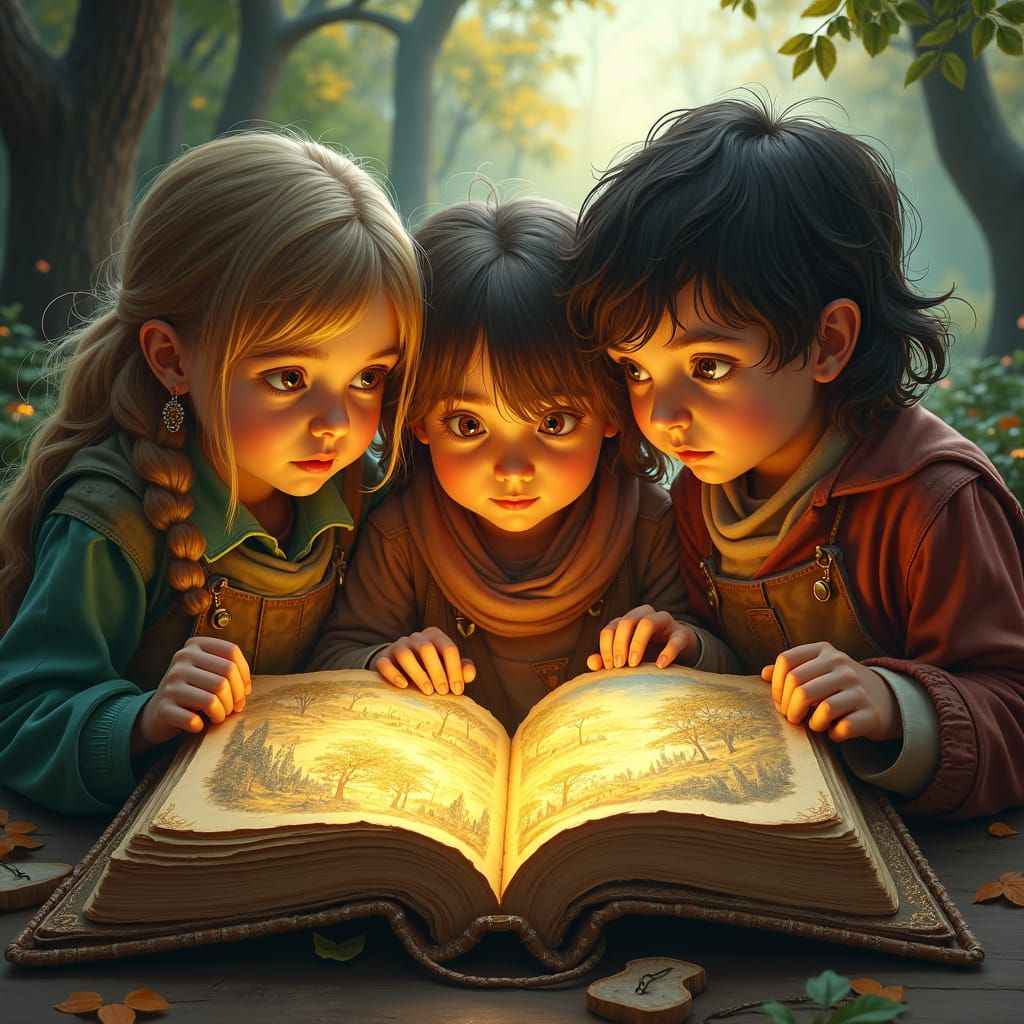 Some surprised children holding an open book with another world spilling out off it's pages 