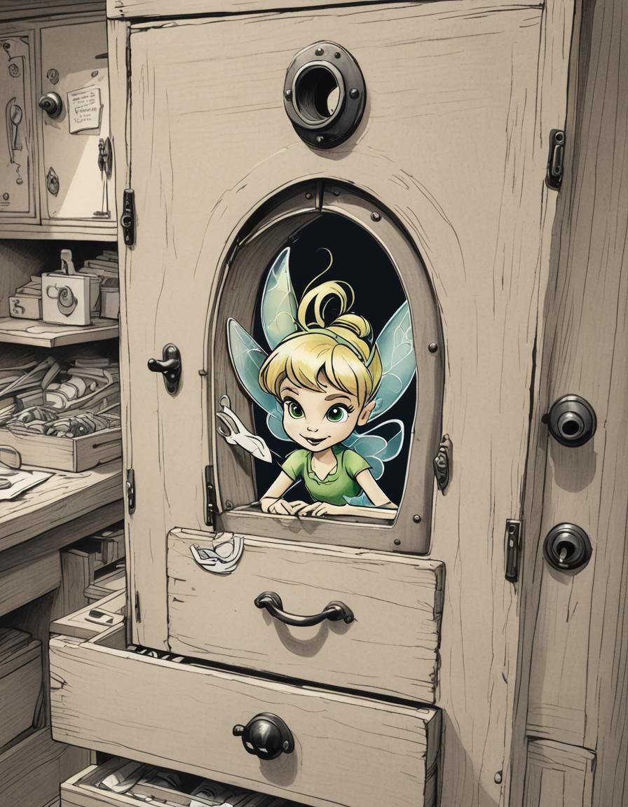 Tinkerbell in a drawer, seen through a keyhole ; sewing equipment ; 2D cartoon drawing by Peter de Sèvre, Pixar, Lois Va...