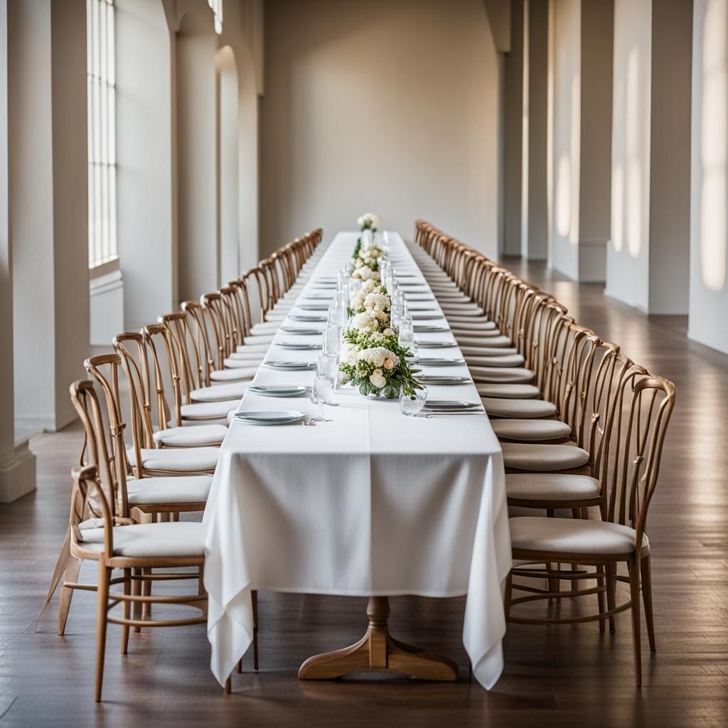 A long table with a white tablecloth, empty from a frontal v...