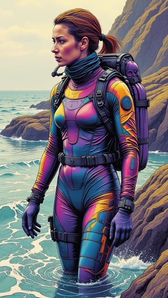 Close up Female Marine Biologist in a full wetsuit, at a rock pool <lora:Nebula Nectar:1.0> concept art, sketch, drawing , fine ink line wor...