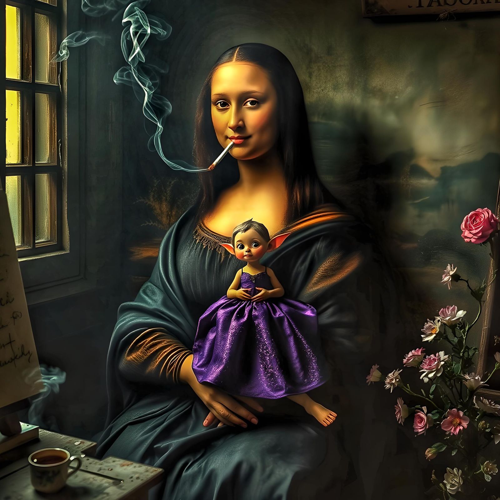 Mona Lisa smoking a cigarette