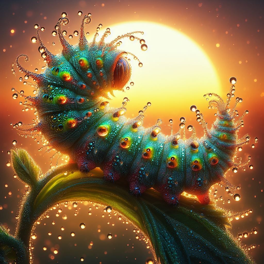 Caterpillar and dew drops