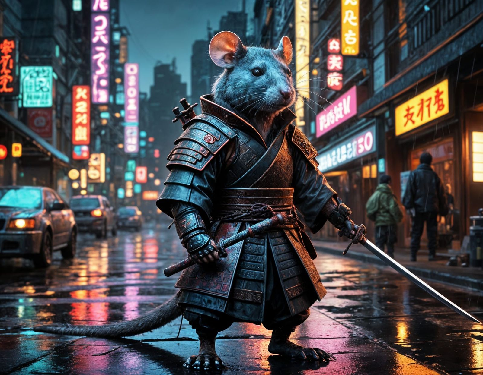 Cyberpunk Samurai Rat in Neon Rain