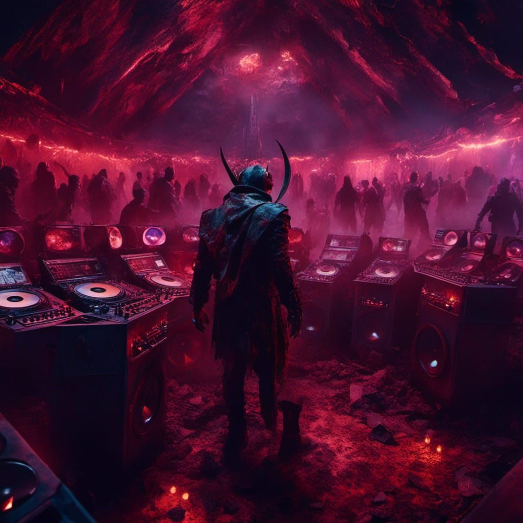 <lora:Macabre:1.0> vampire  dj in bunker rave goblins audien...