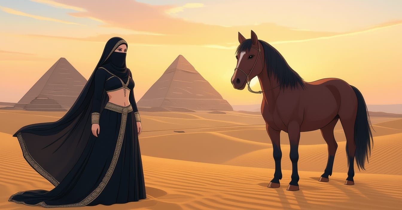 A Muslime bellydancer in black clothers with hijab and veiled face standing in the dessert, on the right side a black horse. In the backgrou...