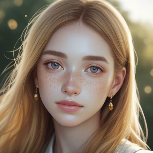 Oil Painting of Freckled Girl with Curious Eyes