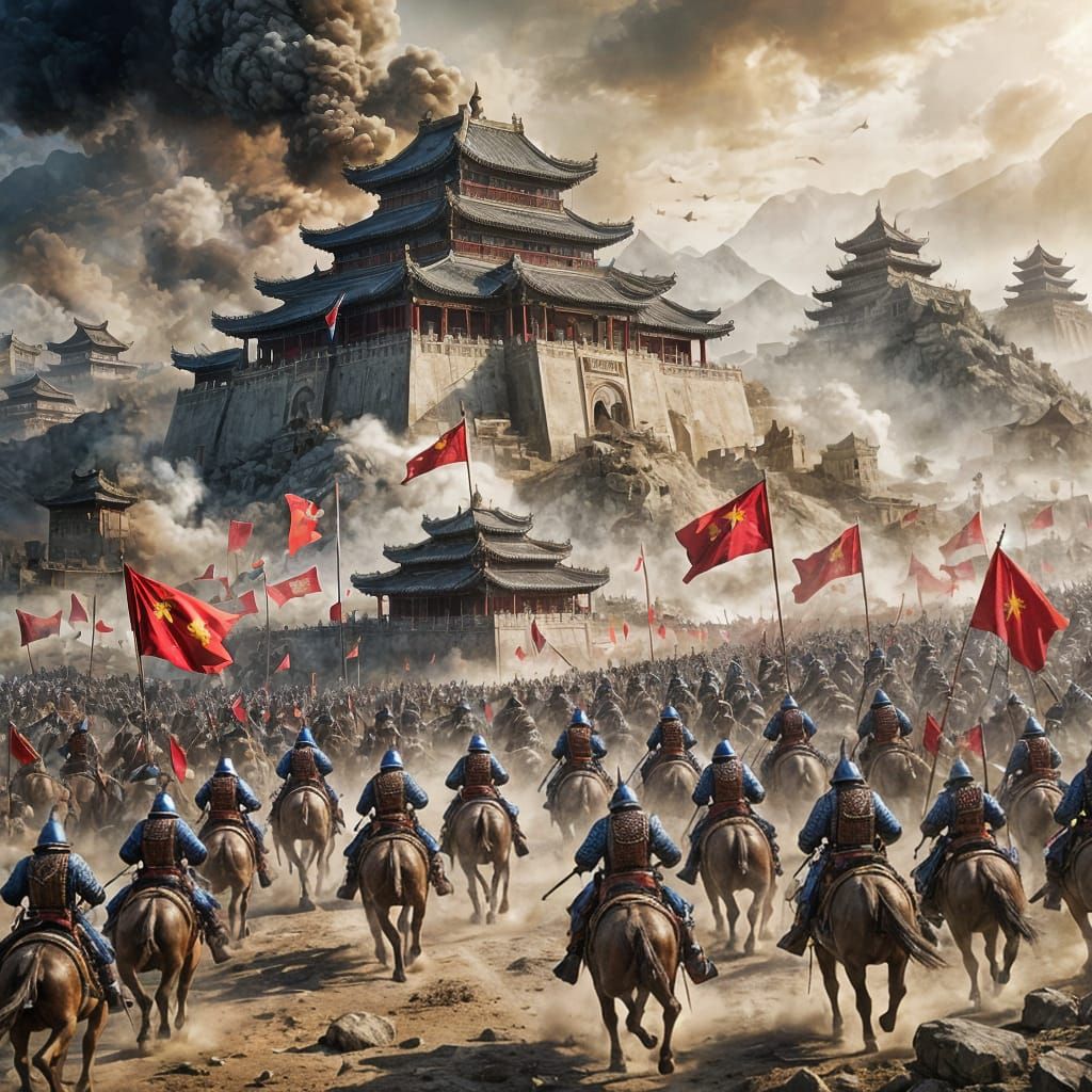 Mongolian Army Invades China: Watercolor Battle Scene