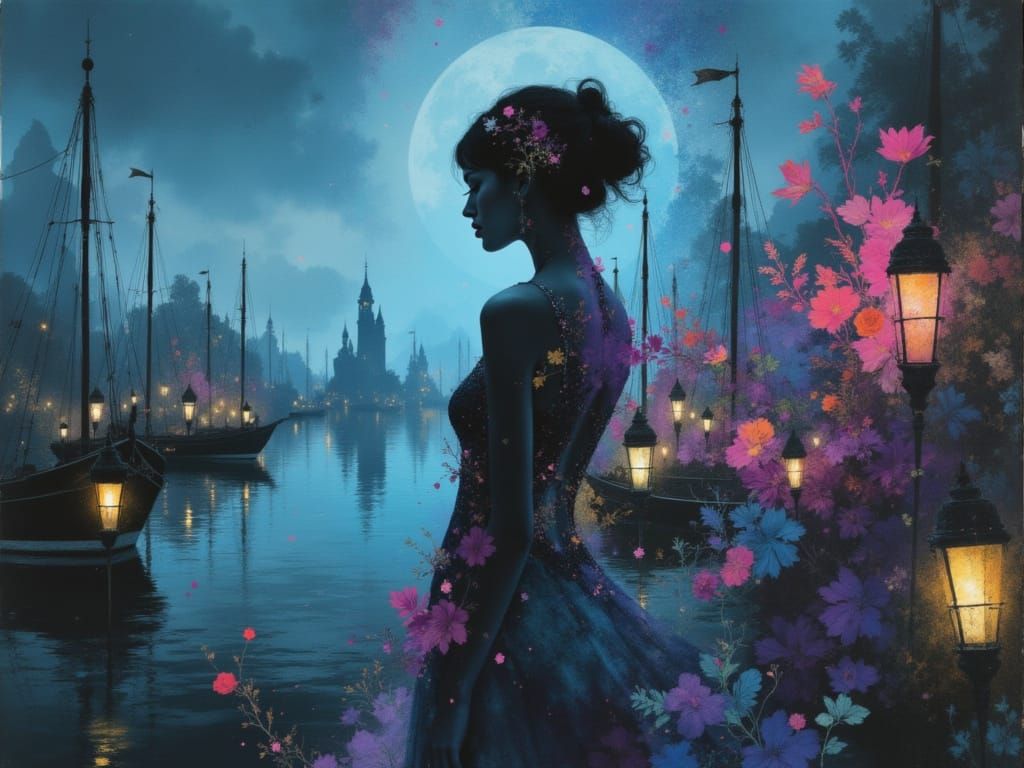 <lora:Umbratic:1.0> A woman standing in a surreal harbor with mystical boats and glowing lanterns, in the style of Ash Thorp, Simon Stalenha...