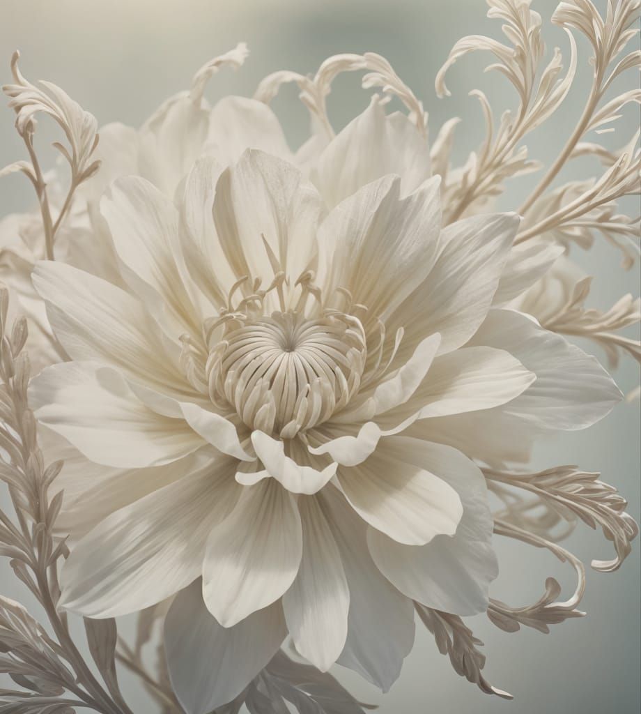 Pale Alabaster Delicate ornate filigree flower, petals gently curved, frozen in a moment of pure bliss, …