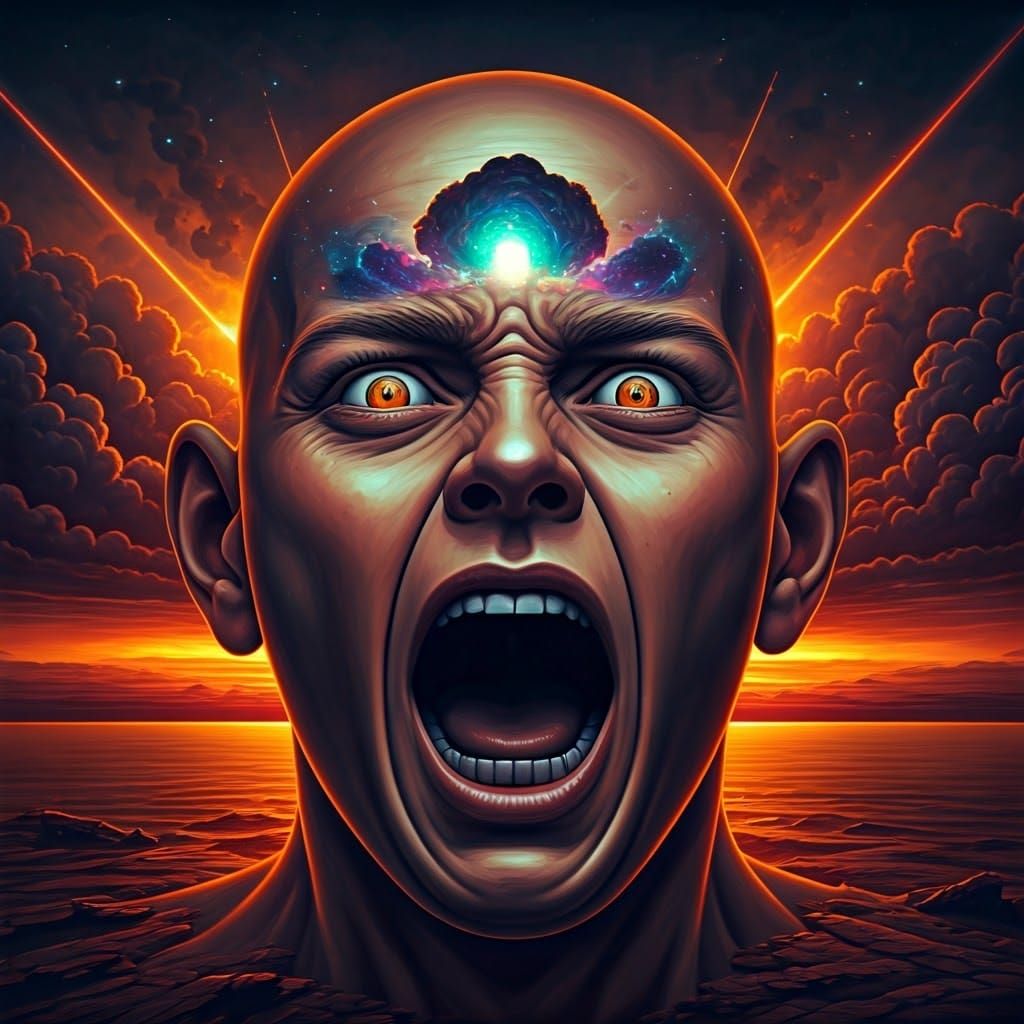 A human face, distorted in a raw, anguished scream, eyes bul...