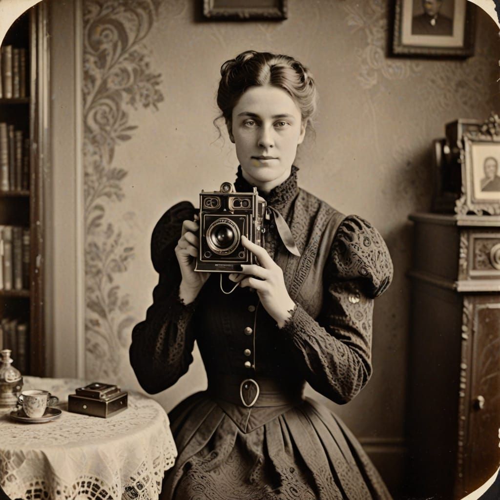 A Vintage photograph of a Beautiful young Victorian woman holding a Victorian Brownie Camera in her home ...  by @Troxley