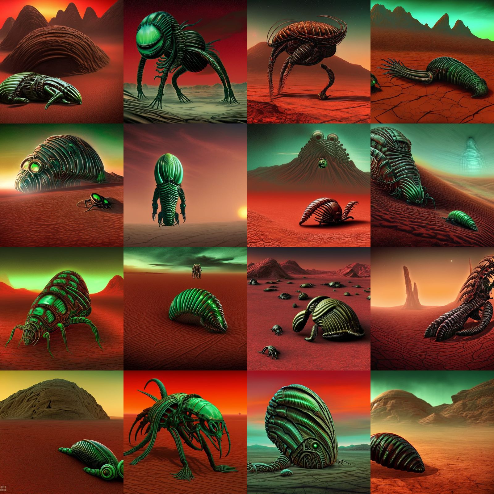 Trilobite crawls across desert on alien planet with red land...