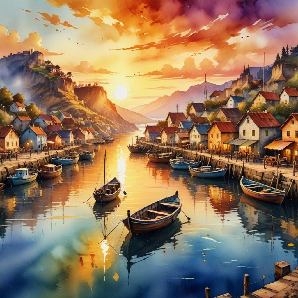 Golden Sunset Over the Harbor Village  by @Little Rainbow