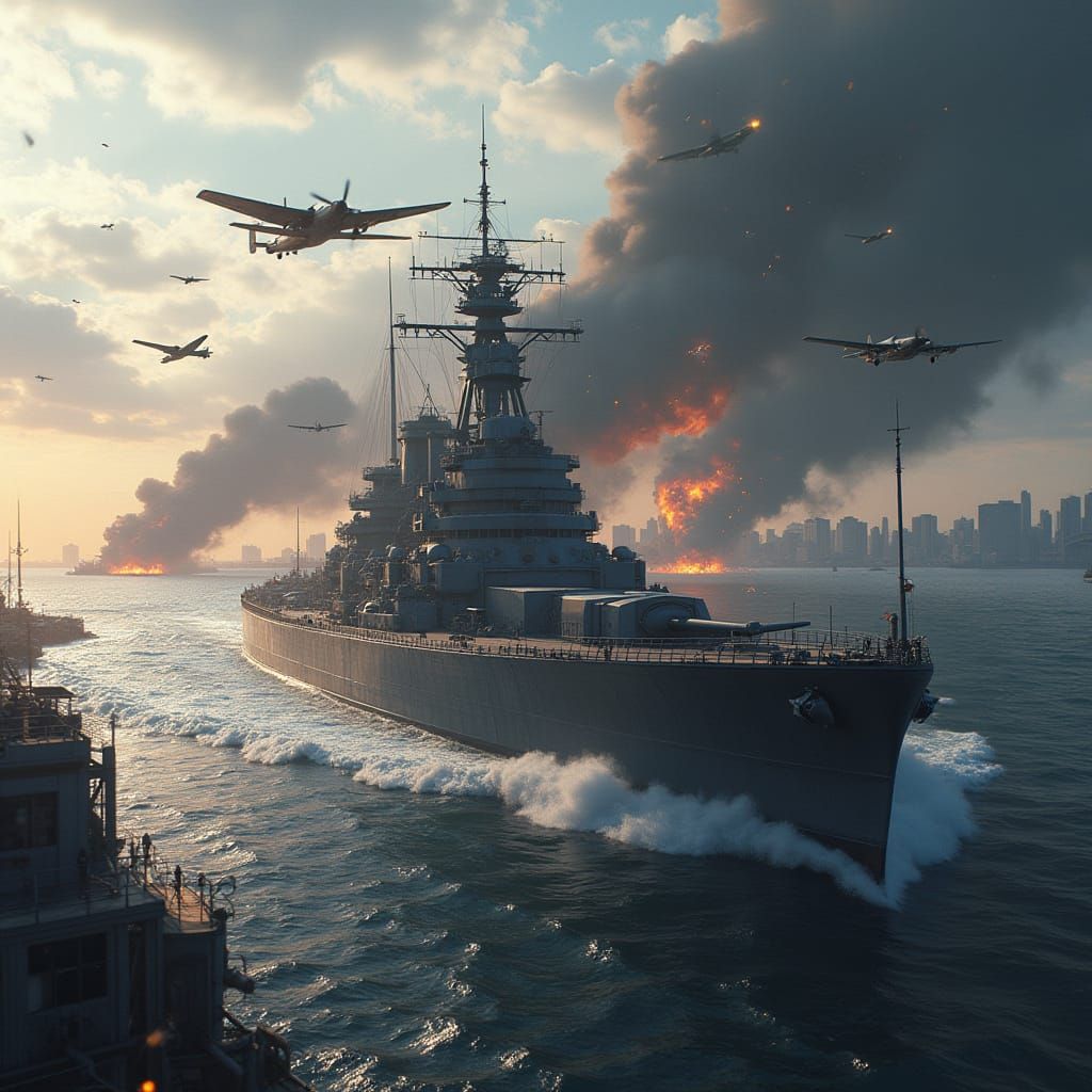 Metal war ships attacking Pearl Harbor 
And air crafts from the 1940
Finish attacking 