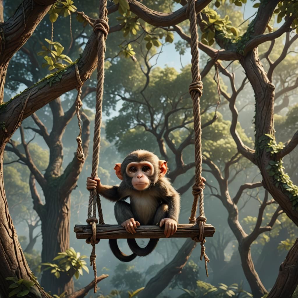 Monkey on a Swing in a Fantastical Tree
