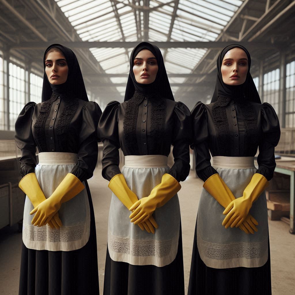 Three 25 year arabic women with tired and stoic facial expressions that are preparing to clean a warehouse with a dusty ...
