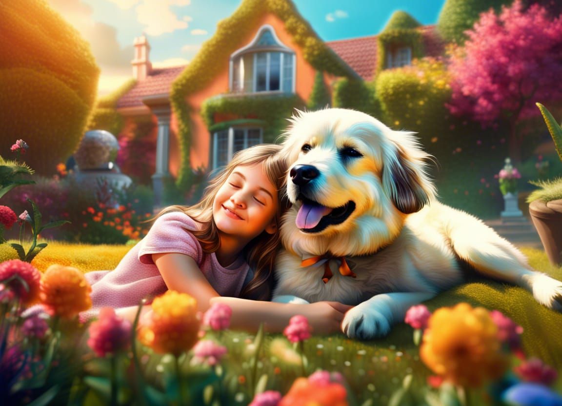 Girl Laying on Her Dog at the Garden  by @Heralyn