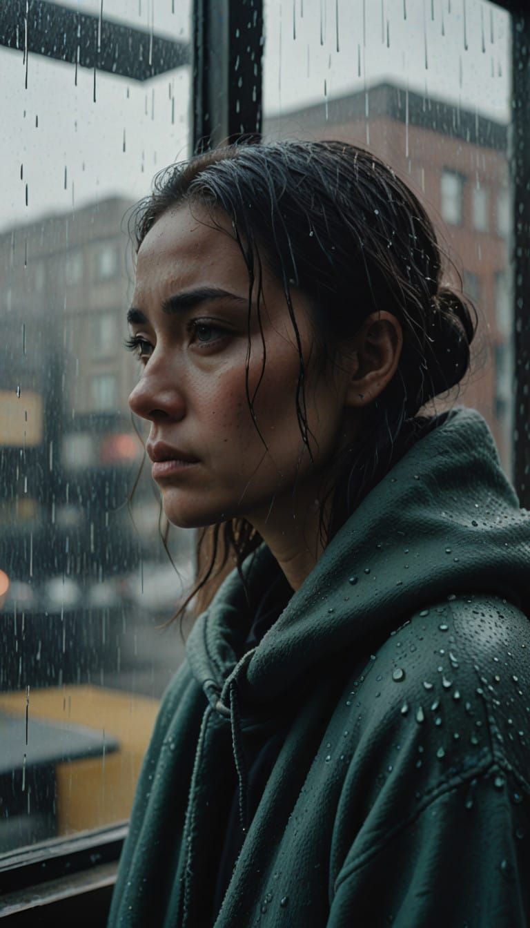 A melancholic girl on a rainy day in front of the window wearing a sweatshirt  by @undefined