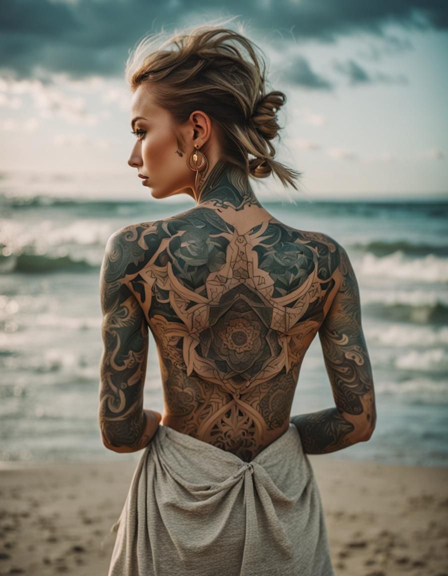 A beautiful tattooed girl is walking along a beach. Her clothes are in her hands.  by @Sergij