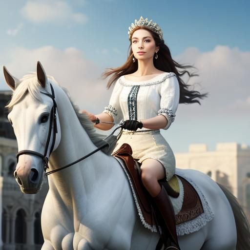 a young beautiful woman riding on a white horse