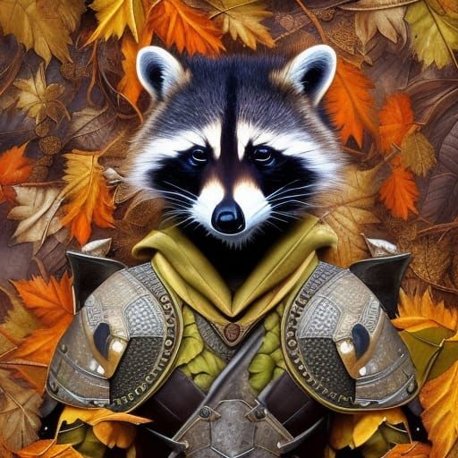 Raccoon warrior dressed in leaves and armour intricate detai...