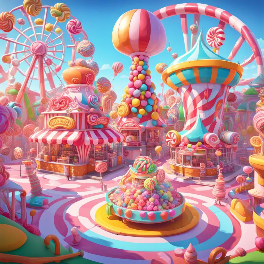 Candy Wonderland Amusement park. With bright candy rides Candy art style! Whimsical playful colorful! ...  by @Cardinal Axl 