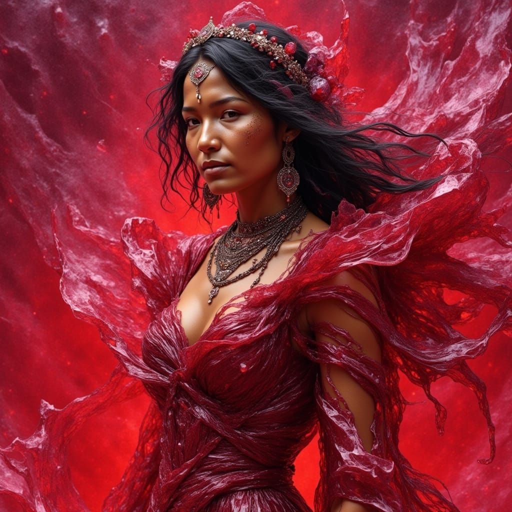 <lora:Metal Fusion:1.0> A native woman wearing a dress of melting liquid Winza Rubies. <lora:Archetypal Images:1.0> <lora:Winza Rubies:1.0> ...