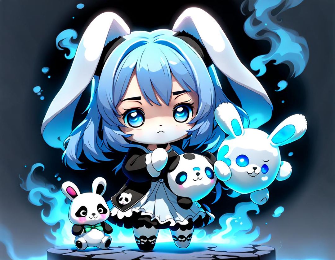 Anime chibi ghost girl with bunny ears who is enveloped in blue smoke ...