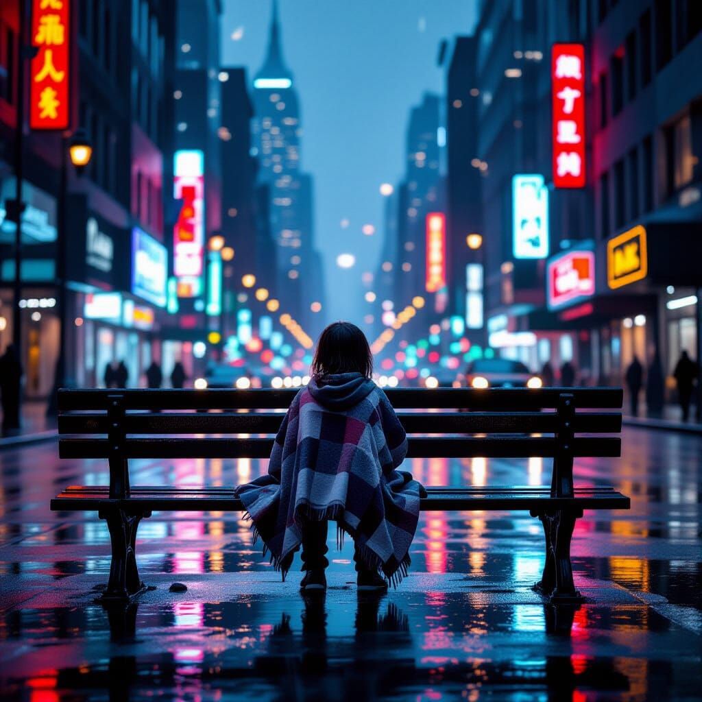 Child on Park Bench in Rainy Cityscape
