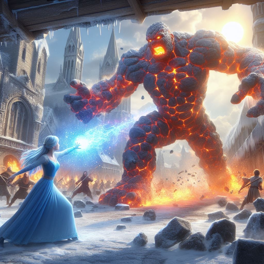 queen Elsa shooting ice magic at fire monster
