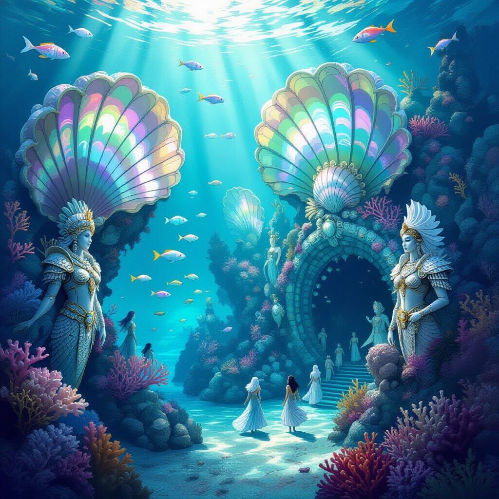 A whimsical, underwater city built from giant, iridescent seashells and coral formations, populated by merfolk wearing armor crafted from pe...
