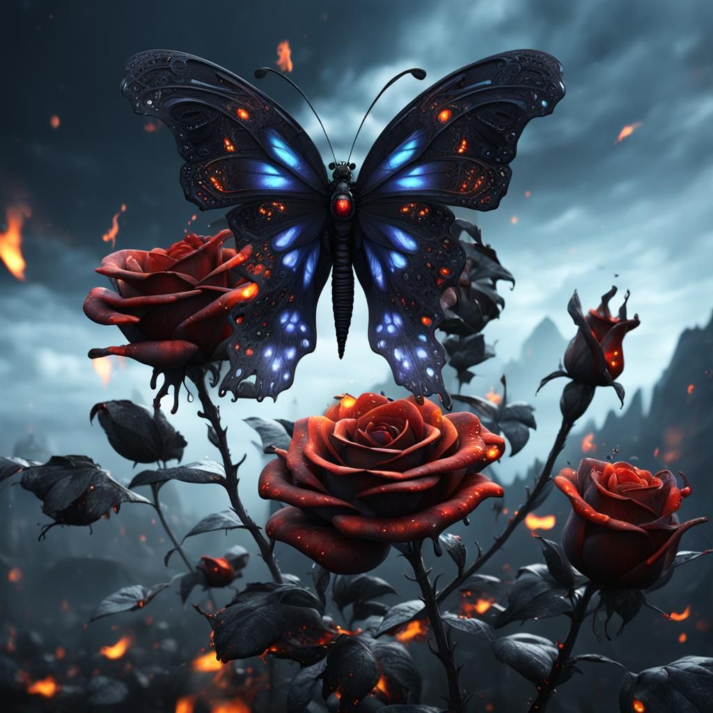 Black Fire Butterfly on Black Rose, Digital Art