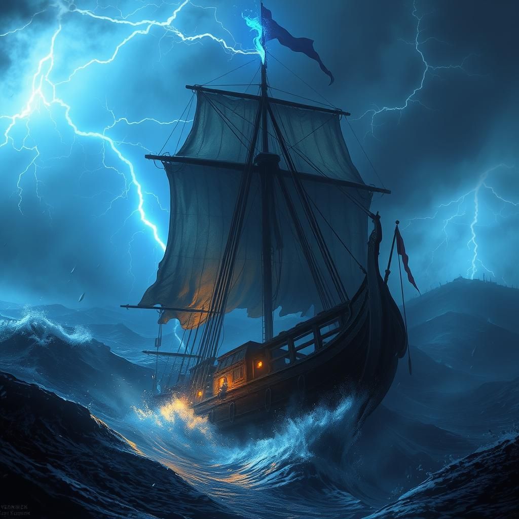 Ship getting hit by lightning  by @Serafina