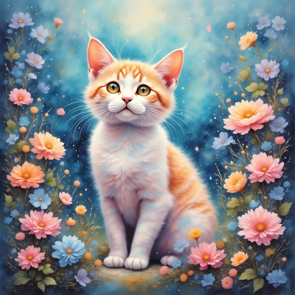 Cat in pastel paint in yard <lora:Pastel Dreams:1.0>