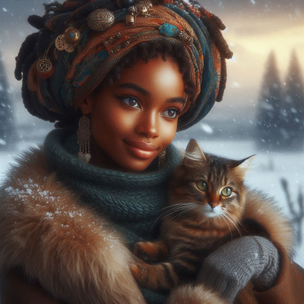 portrait of a woman with a cat in a winter scenery.