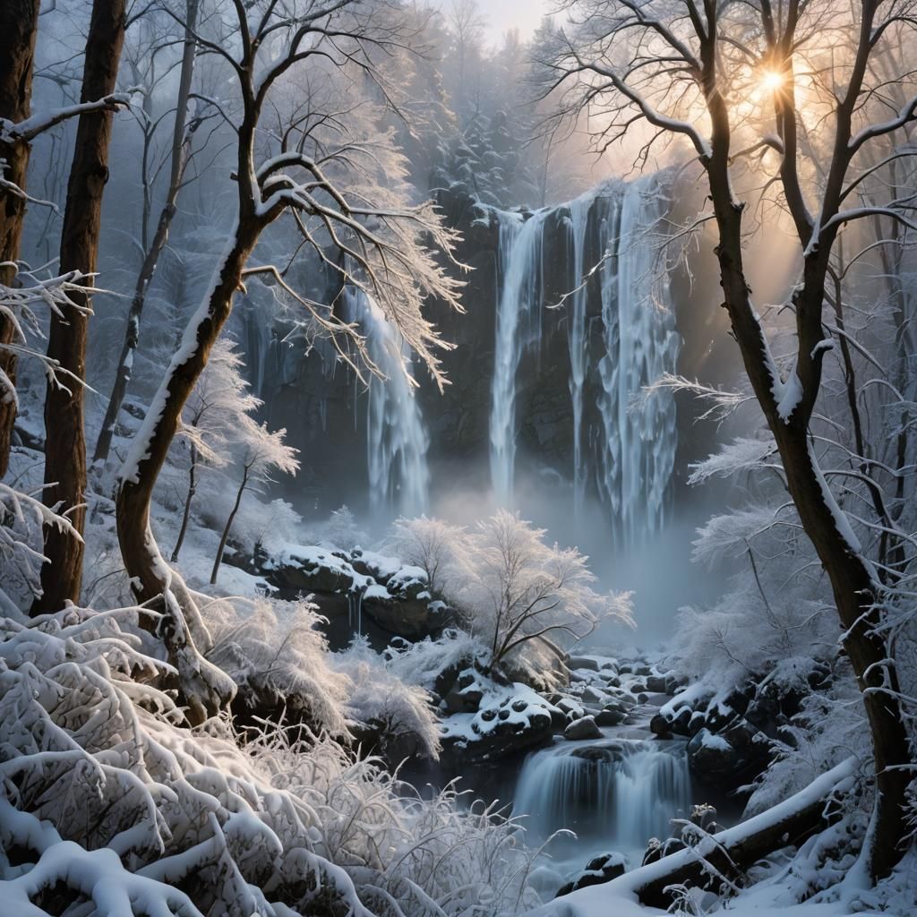 high fantasy epic magnificent snowy waterfall, winter forest, waterfall, scenic, high detail, high quality, Cinematic film still, shot on v-...