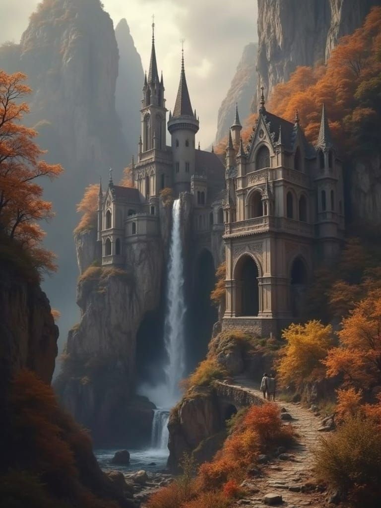 Mountainside Ancient Gothic architecture, gothic arches, Misty waterfall, epic cascade flowing through Mountain side, fantasy landscape, bea...