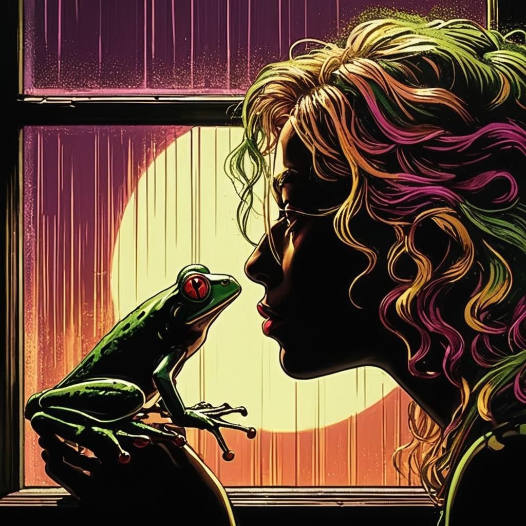 The profile of a hotel in front of a window kissing a frog U...