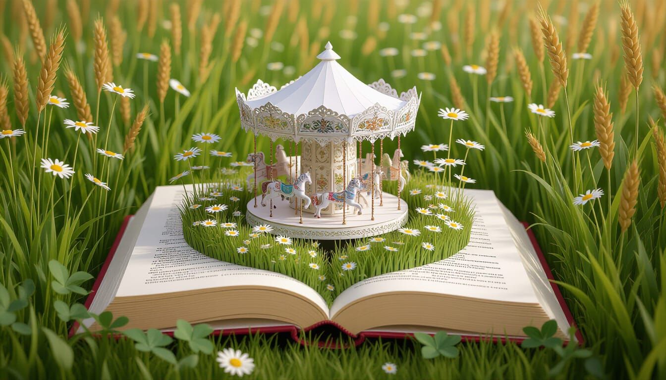 A whimsical, meticulously crafted diorama, featuring an open book resting amidst a lush, verdant meadow ...  by @kirra-anne-ramirez