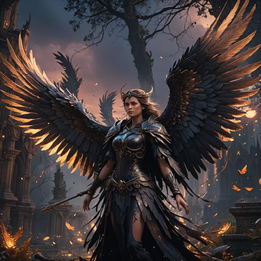 A Nightfall Angel With Dark Feathered Wings - Ai Generated Artwork 