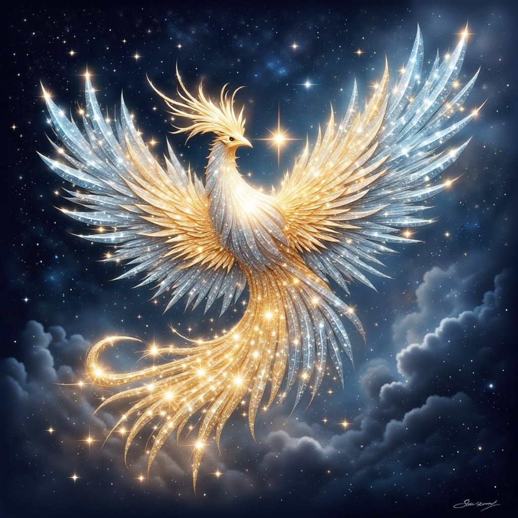 Majestic phoenix soars through a nebula with swirling stardust